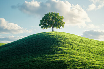 Poster - A tree is standing on a hill with a green grassy field in the background