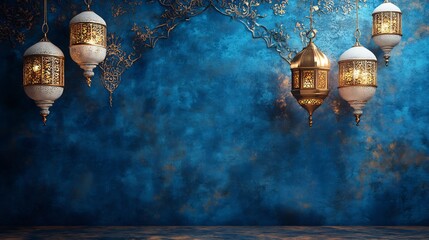 Poster - Luxurious backdrop featuring ornate white and gold lanterns hanging gracefully set against a deep blue Arabianthemed background The right side is clear for personalized Ramadan messages