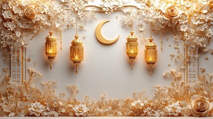 Poster - Luxurious gold and white paper cut style banner with ornate hanging lanterns and crescent moons against a clean white background with detailed floral borders and space for text