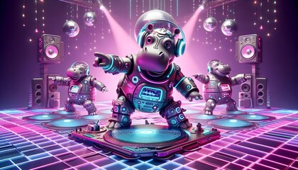 disco party with 3d rendered cartoon robotic hippos grooving to futuristic beats. The hippo robots perform breakdancing moves, do the robot dance, or DJ from a glowing turntable. 