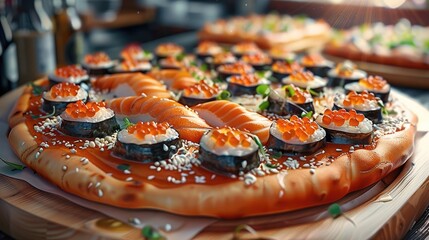 Poster - Tasty pizza with sushi as topping on a table in restaurant.