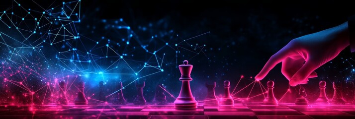 Poster - Chess Business Concept with Network Connection and a Hand Playing on Virtual Tech Background