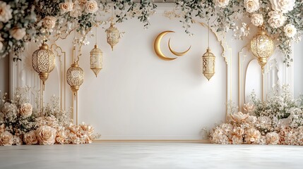 Poster - Luxurious gold and white paper cut style banner with ornate hanging lanterns and crescent moons against a clean white background with detailed floral borders and space for text