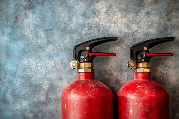 Red fire extinguishers positioned in close proximity against a teal background indoors