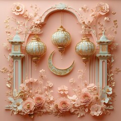 Poster - Luxurious paper cut banner with ornate gold lanterns and crescent moons placed symmetrically against a soft pink backdrop featuring detailed floral borders and ample space for text