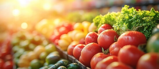 Wall Mural - Fresh red tomatoes, yellow peppers, and green lettuce displayed on a produce stand, illuminated by sunlight.