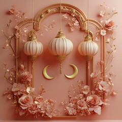 Poster - Luxurious paper cut banner with ornate gold lanterns and crescent moons placed symmetrically against a soft pink backdrop featuring detailed floral borders and ample space for text