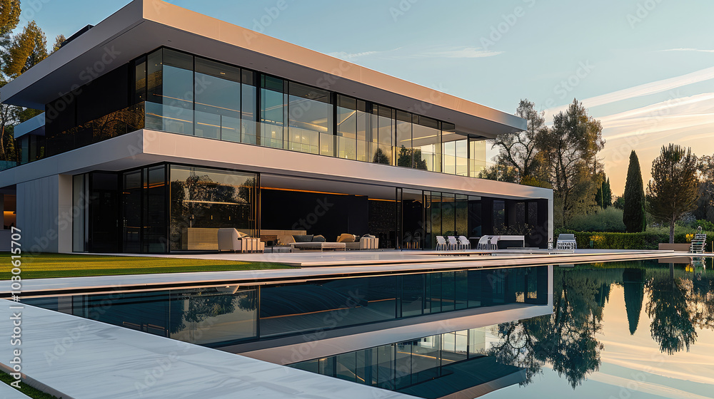 Exterior of a mega mansion, with full height glass windows without ...