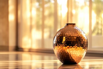 Poster - Elegant golden vase captured in soft afternoon light near large windows showcasing a serene indoor setting. Generative AI