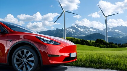 Sustainable energy solutions like solar panels wind turbines and electric cars showcased in a bright minimalist landscape