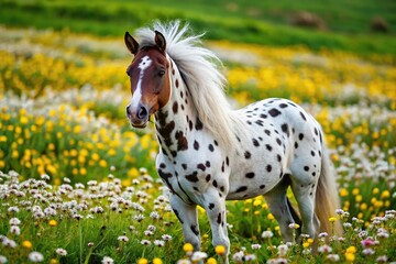 horse with spotted coat standing in field of flowers
