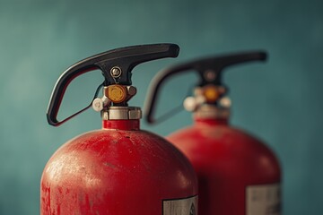 Red fire extinguishers positioned in close proximity against a teal background indoors