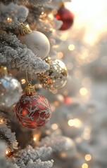 Wall Mural - Close up of Christmas ornaments hanging on a frosted tree with warm lights in the background