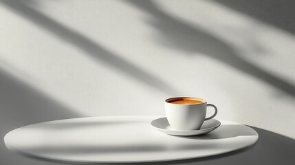 Sticker - A white cup of coffee rests on a table with soft sunlight casting gentle shadows