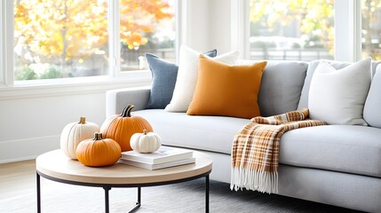 Warm and inviting fall themed living room with pumpkins plaid blankets and soft lighting creating a cozy