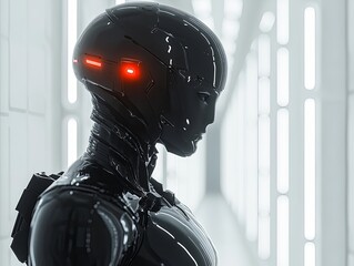 Poster - A futuristic robot stands in a dimly lit corridor, showcasing advanced technology and sleek design. Generative AI