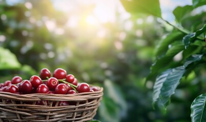 A basket of ripe cherries surrounded by lush greenery.