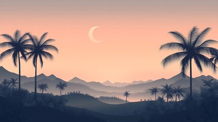 Poster - Minimalist Eid festival Ramadan banner featuring a serene landscape with a crescent moon and palm trees complemented by soft earth tones designed with open space for text in the center