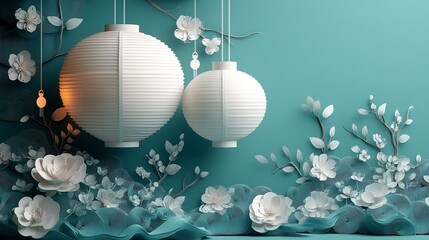 Poster - minimalist paper cut design with large white lanterns hanging from delicate strings set against a tu