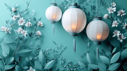 Poster - Minimalist paper cut design with large white lanterns hanging from delicate strings set against a turquoise gradient background with intricate floral patterns and space for text at the top