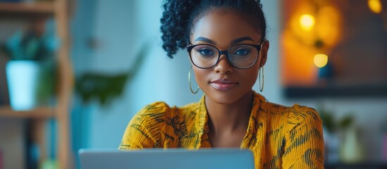 Canvas Print - A young black woman in glasses, wearing a yellow floral blouse, is looking intently at her laptop screen.