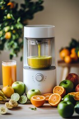 Bright kitchen setting with a white juicer preparing fresh juice from various fruits in sunlight