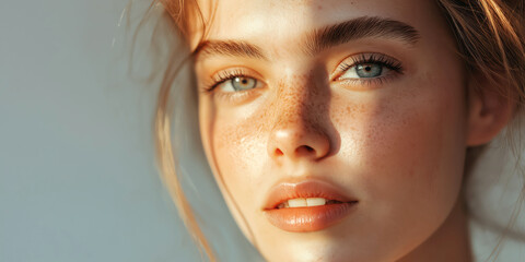 Wall Mural - Radiant portrait of a freckled woman in sunlight with natural makeup