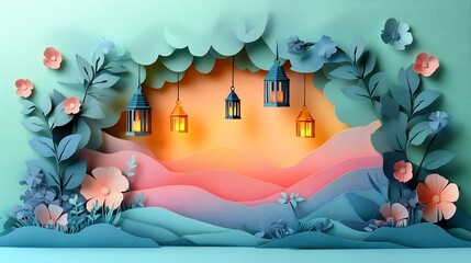 Poster - Minimalist paper cut style banner with delicate lanterns hanging from an archway of stars and floral motifs on a pastel gradient background with space for text at the center