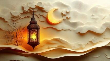 Poster - Minimalist paper cut style featuring a single ornate lantern with a glowing crescent moon above it surrounded by abstract patterns on a soft beige background leaving space for text