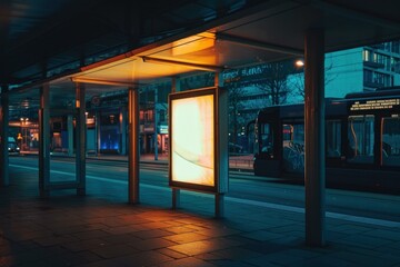 Glowing vertical billboard providing advertising space at a public transportation stop at night