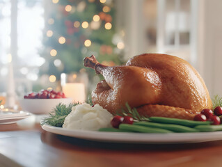 Wall Mural - A beautifully presented Thanksgiving turkey dinner with sides and festive decorations.