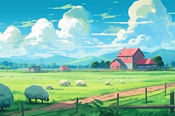 Wall Mural - Countryside with sheeps landscape grassland outdoors.