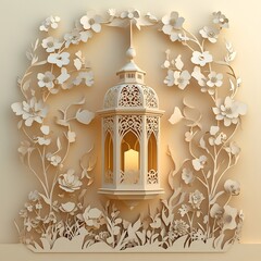 Poster - Minimalist paper cut style scene featuring a single ornate lantern surrounded by floral patterns set on a soft beige background creating ample space for text at the bottom