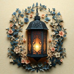 Poster - Minimalist paper cut style scene featuring a single ornate lantern surrounded by floral patterns set on a soft beige background creating ample space for text at the bottom