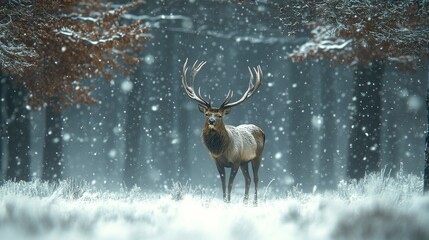 Wall Mural - Majestic stag standing in a snowy forest during a quiet winter day with falling snowflakes