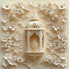 Fototapete - Minimalist paper cut style scene featuring a single ornate lantern surrounded by floral patterns set on a soft beige background creating ample space for text at the bottom