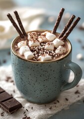 Sticker - Warm hot chocolate with marshmallows and chocolate sticks in a cozy winter setting