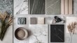 © ZinaZaval - A carefully curated mood board presents natural materials like stone and wood in soothing tones, showcasing granite, marble, and oak alongside decorative elements, evoking serenity