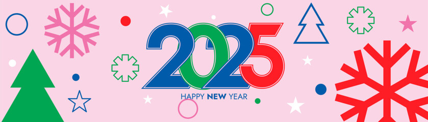 Wall Mural - Creative concept of 2025 Happy New Year greeting banner. Minimalist trendy with snowflake, elements for celebration, header for website, decoration, branding