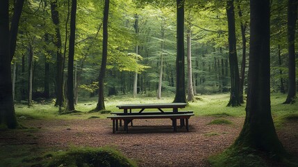 84. A tranquil forest clearing with an empty picnic setup