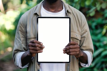 Display mockup afro-american man in his 20s holding a tablet with a fully white screen