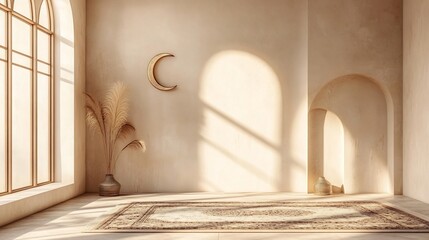 Poster - Minimalist Ramadan themed background with an elegant prayer rug and a crescent moon set against a soft beige backdrop emphasizing the significance of prayer and devotion during the holy month