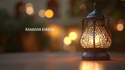 Poster - Minimalistic 3D illustration featuring elegant Muslim lamp casting a soft glow with the text RAMADAN KAREEM prominently displayed on a light background creating a serene atmosphere for the holy month