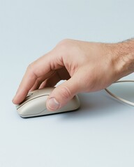 Close-up of a woman's hand clicking a mouse on a laptop in a modern office