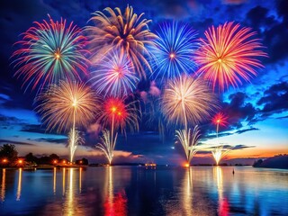 Vibrant colorful explosions of light fill the night sky, reflecting off calm waters, as Independence Day celebrations illuminate the summer evening with majestic patriotic flair.