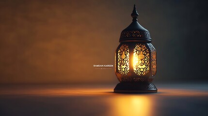 Poster - Minimalistic 3D illustration featuring elegant Muslim lamp casting a soft glow with the text RAMADAN KAREEM prominently displayed on a light background creating a serene atmosphere for the holy month