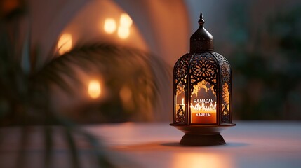 Poster - Minimalistic 3D illustration featuring elegant Muslim lamp casting a soft glow with the text RAMADAN KAREEM prominently displayed on a light background creating a serene atmosphere for the holy month
