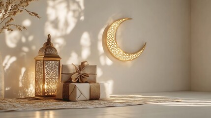 Poster - Minimalistic Islamic background featuring a beautifully wrapped gift box a glowing lantern and a golden crescent moon against a clean white backdrop perfect for Ramadan Kareem with ample copy space