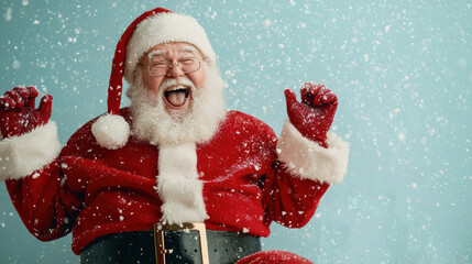 Joyful Santa Claus celebrating in snowy winter wonderland, spreading holiday cheer with laughter and excitement. 