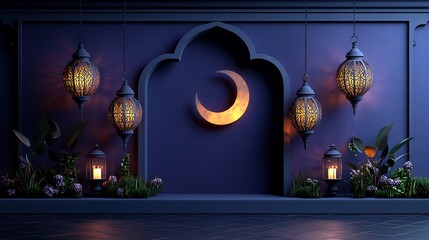Poster - Modern paper cut design with sleek lanterns and crescent moons floating against a deep purple background with geometric patterns leaving space for text on the bottom half
